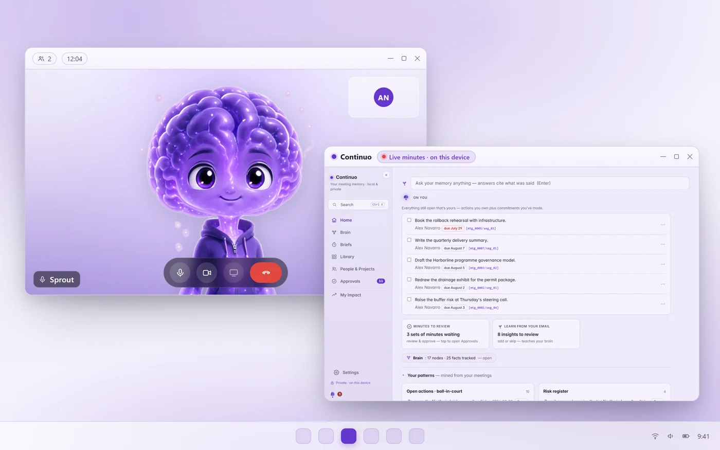 A desktop during a video call: the other participant fills the call window, and the Continuo app sits beside it showing today's open items.